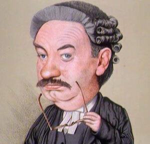 cartoon of Rumpole, a stern faced man in barrister's garb