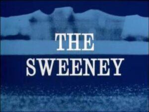 a screenshot of the Sweeney titles, blue and white lettering